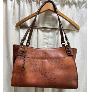 Patricia Nash Brown Leather Romina Vintage Laser Map Shoulder Handbag Purse
